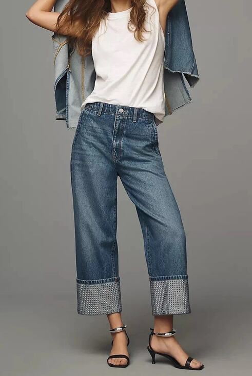 Pilcro Denim - Anthropologie Pilcro Lonnie Y2K Cuffed Crop Jeans Womens 31 Blue Sparkle A010609